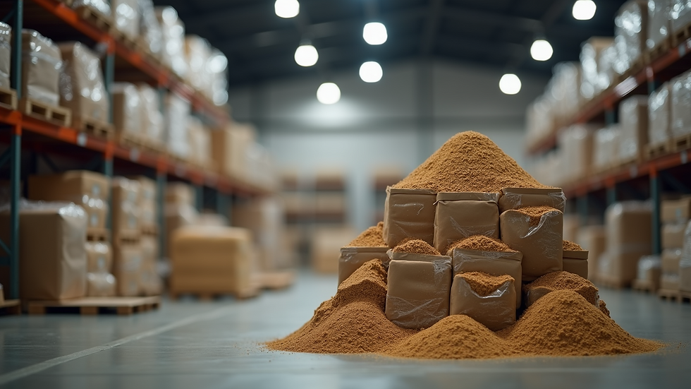 Close-up view of bulk food supplies stacked in a storage room