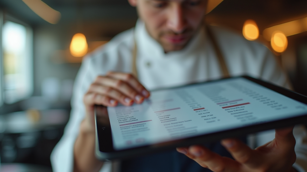 Close-up view of a chef analysing menu data on a tablet
