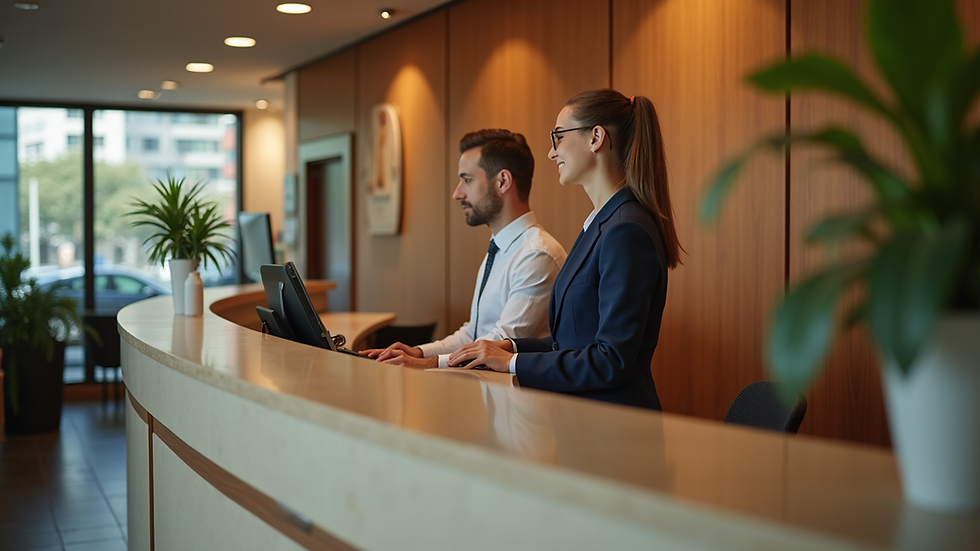 Eye-level view of a hotel lobby reception desk with a friendly staff member ready to assist