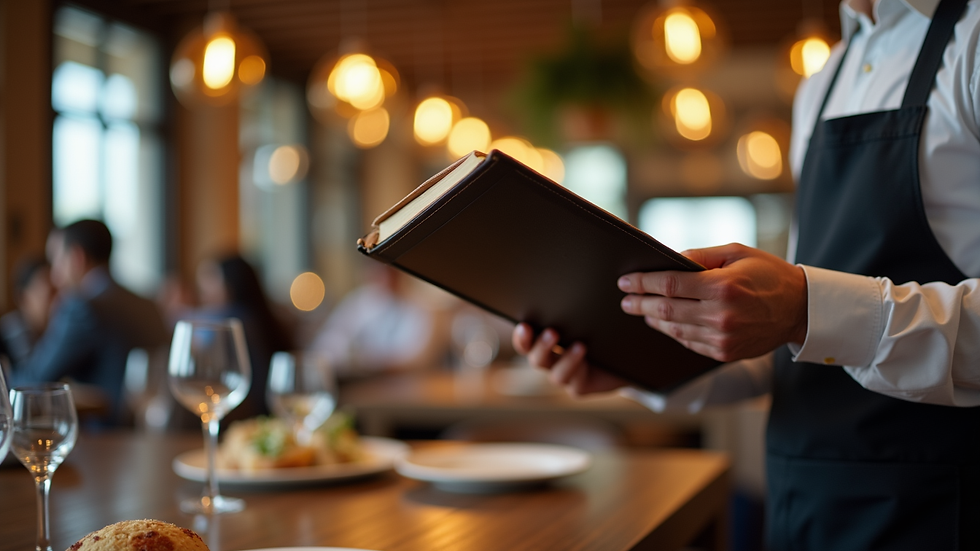 Close-up view of a waiter presenting a menu to a customer in a restaurant
