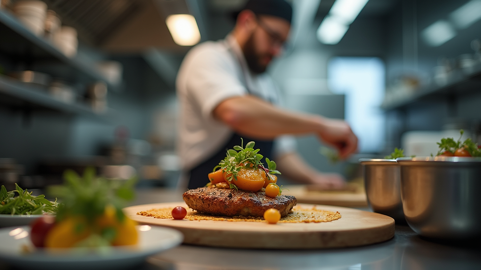 Close-up view of a chef preparing a gourmet dish in a professional hotel kitchen