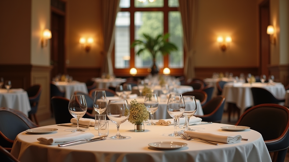 Eye-level view of a hotel restaurant dining area with elegant table settings