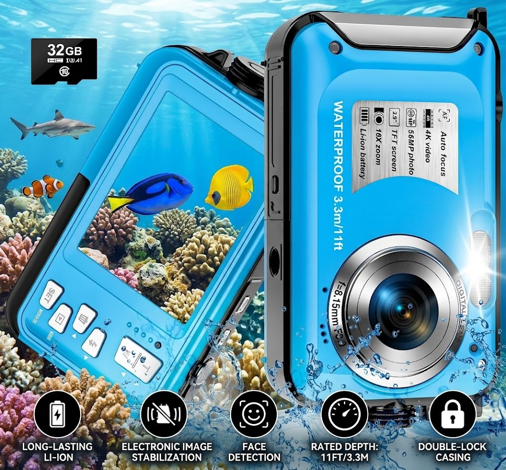 📸 4K Waterproof Digital Camera – 56MP Photos, Underwater Adventures & 16X Zoom