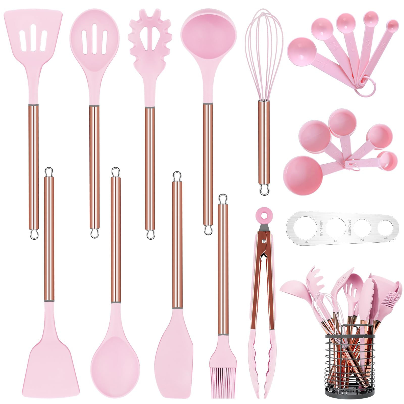 Arquiel Pink Kitchen Utensil Set with Holder 22 Pcs Silicone Cooking Utensils Se
