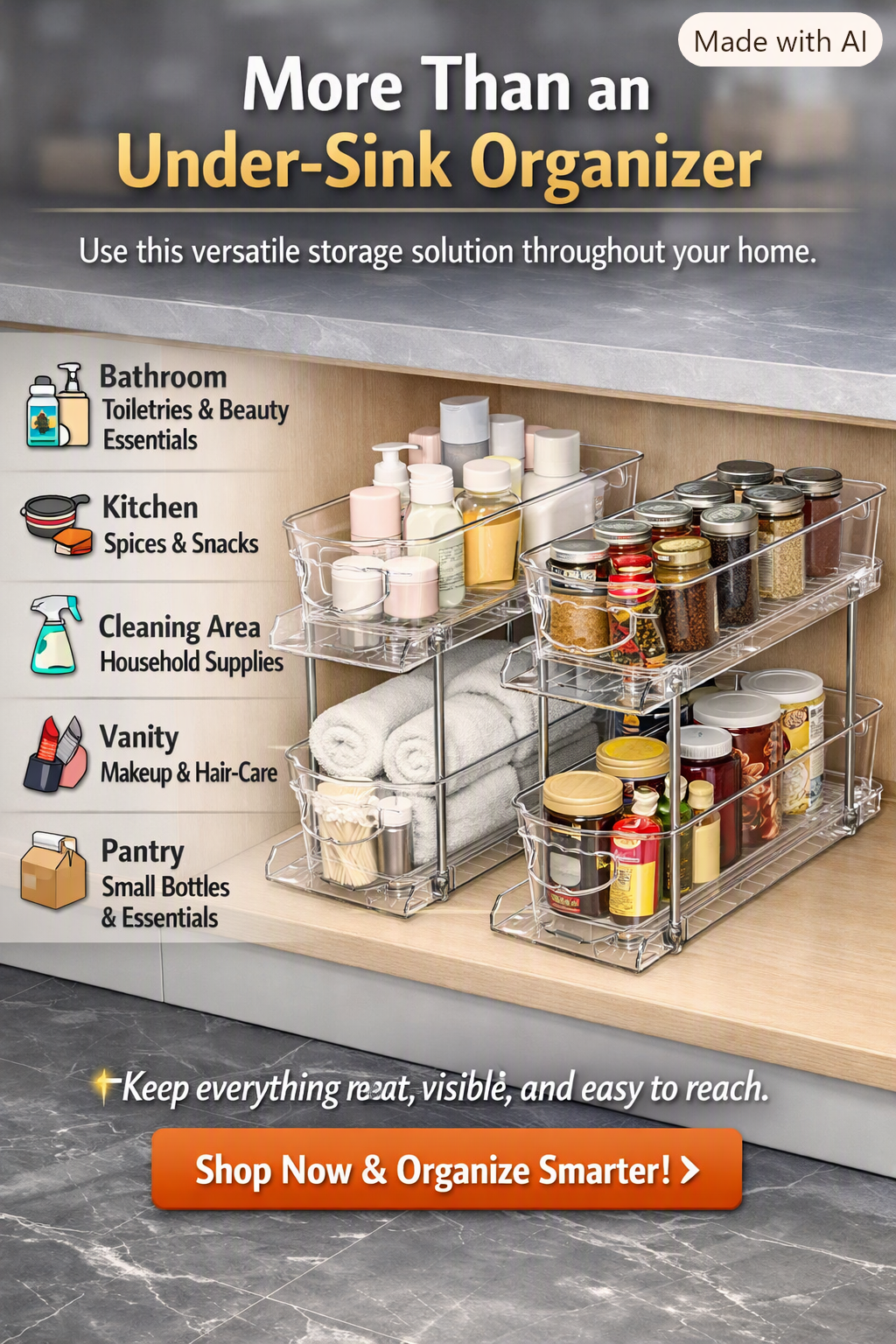 🧺 2-Tier Clear Under-Sink Storage Organizer – Set of 2