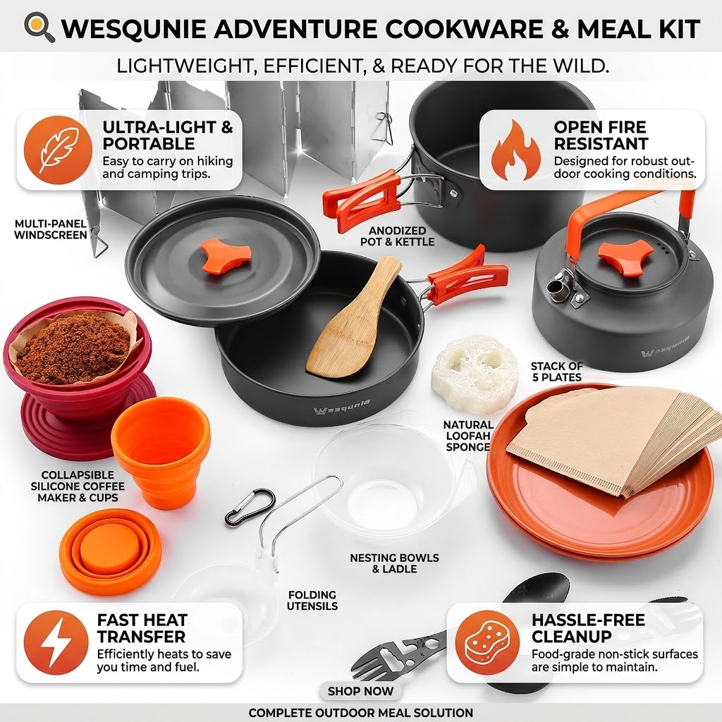 Wesqunie 20Pcs Camp Cooking Cookware Utensils Set - Backpacking Portable Kitchen