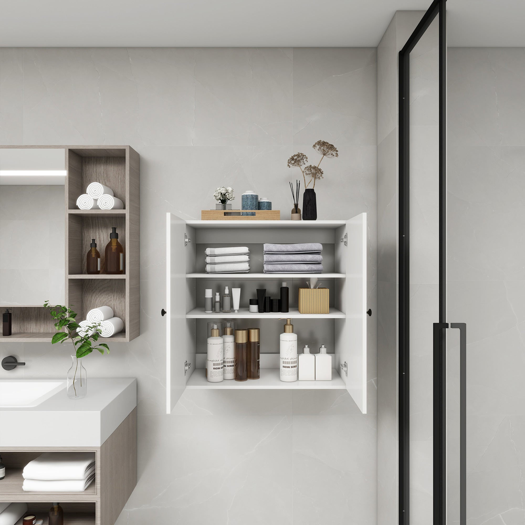 C2 Closet Shelves for bathroom,Wooden Closet System Modular With 2 Doors Shelves