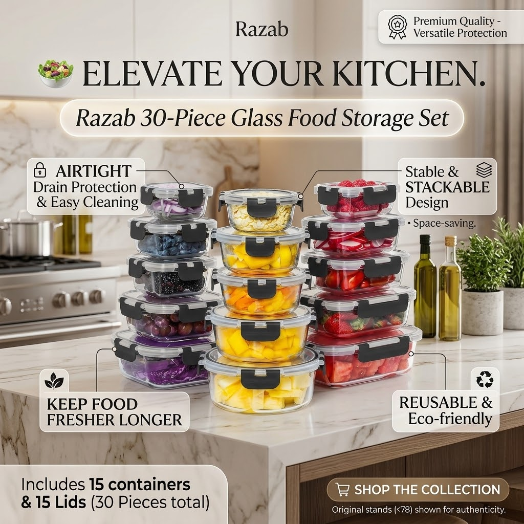 🥗 Razab 30-Piece Glass Food Storage Set – Airtight, Reusable & Stackable