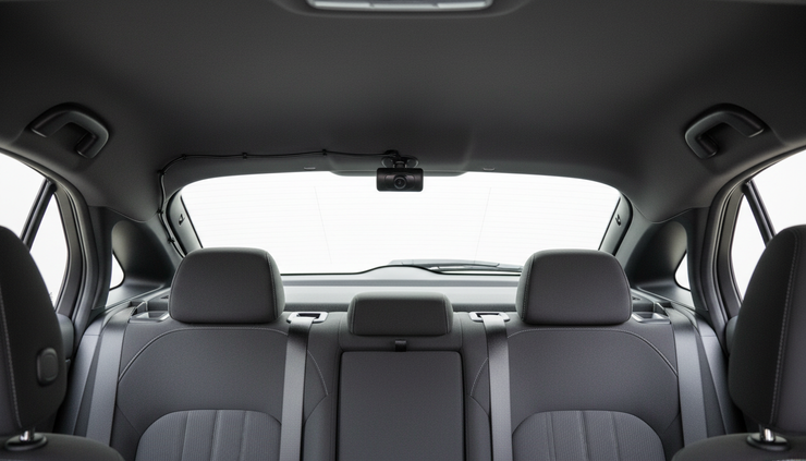 Overhead view of a neatly installed rear dash cam cable running along a car interior trim.