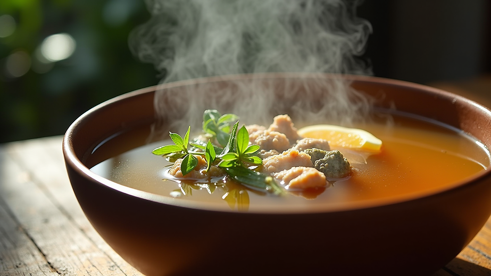 Close-up view of a steaming bowl of bone broth with herbs