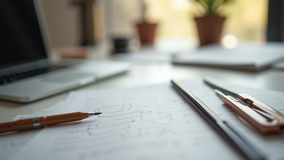 Eye-level view of a minimalist workspace with design tools