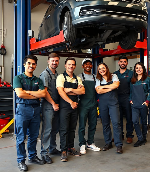 10 mechanic students standing next to an automotive lift smiling, make them white and blac