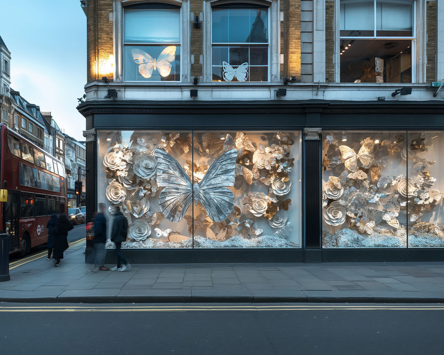 Butterfly inspired window display with gold and white down a high street.