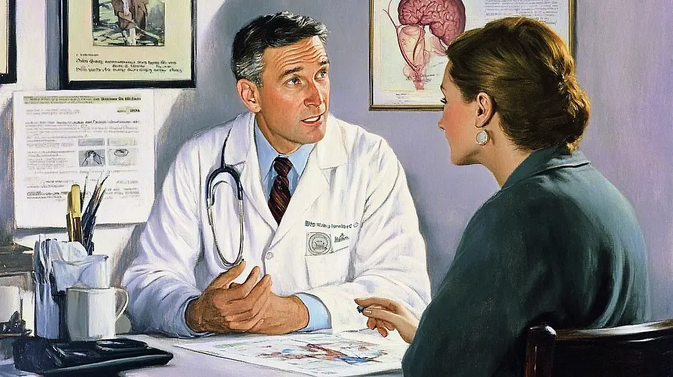Doctor in a white coat discusses with a woman in an office. Medical diagrams and papers visible in the background. Serious mood.