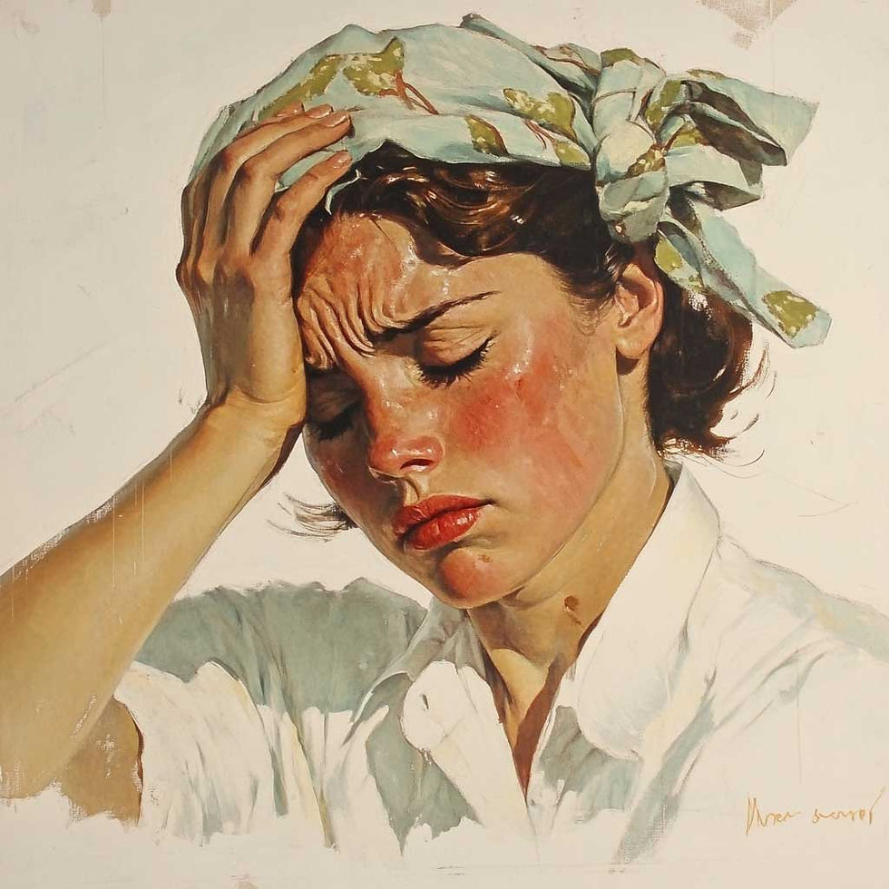 A woman holds her head with a pained expression, wearing a blue-green headscarf with floral patterns. Background is light, emotions tense.