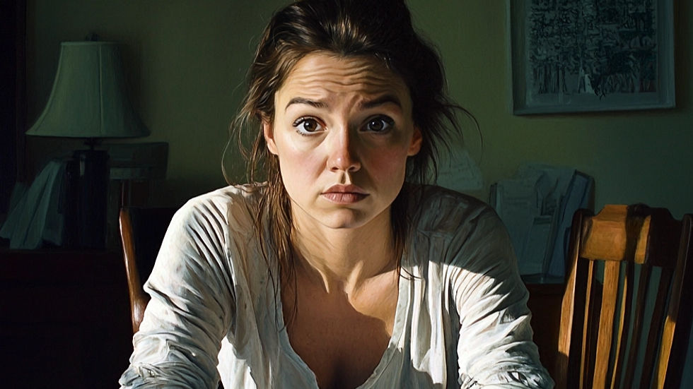 Woman with a concerned expression sits at a table, wearing a white shirt. Sunlit interior, with a lamp and framed picture in the background.