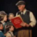 An elderly man reads "Book of Knowledge: Apis Law" to four attentive children. The mood is warm and educational. Background is dark.