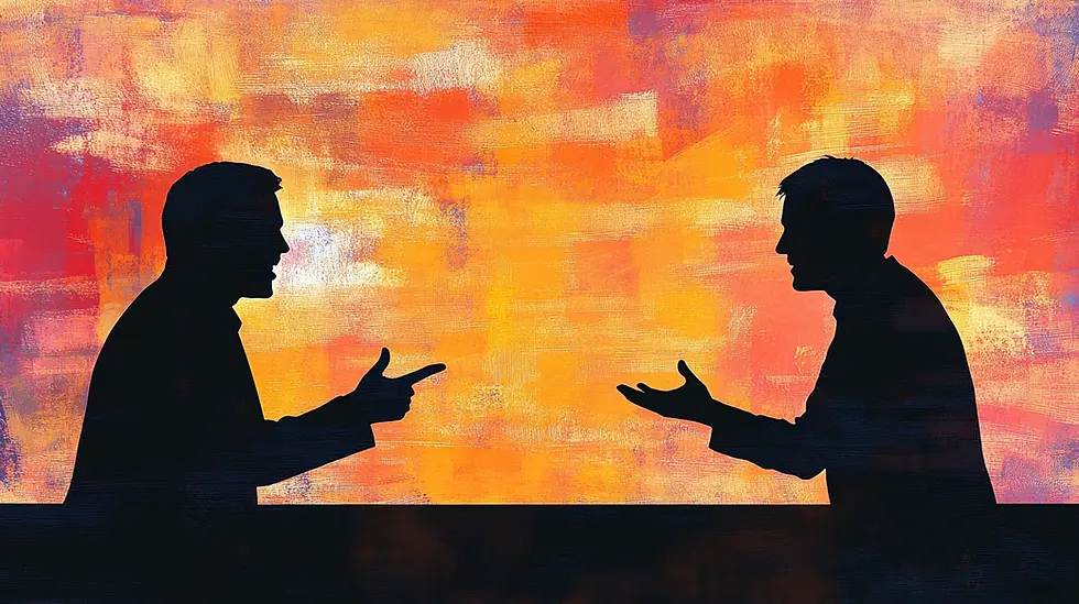 Two silhouetted figures in heated debate, gesturing against a vibrant orange and red abstract background, conveying intensity.
