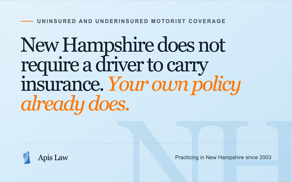 Apis Law ad with text: New Hampshire does not require a driver to carry insurance. Your own policy already does.