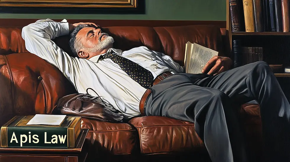 An Attorney in white shirt and tie sleeps on red sofa, book in hand. "Apis Law" book on table, leather bag beside. Relaxed office setting.