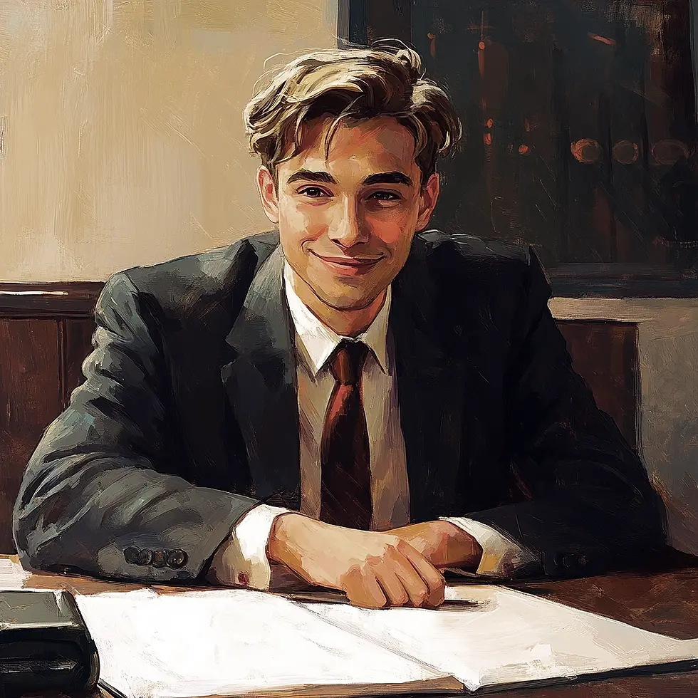 Young lawyer in a suit sitting at a desk with papers, in a warmly lit room. Brown wall and dark background create a cozy atmosphere.