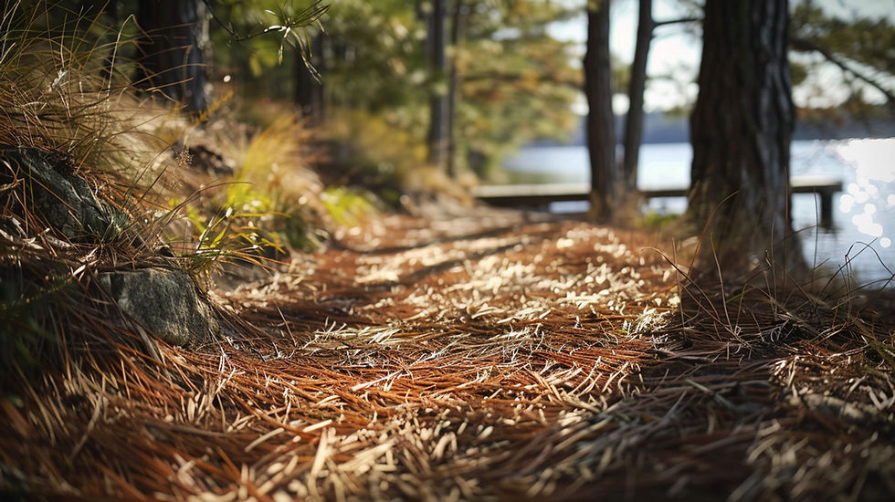 Sunlit forest path covered in pine needles, bordered by rocks and grass. It is an easement.  Trees line the path, with Lake Sunapee, NH visible in the background. Serene mood.