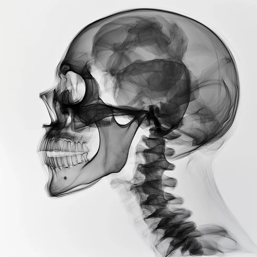 X-ray image of a human skull in profile, featuring detailed bones and vertebrae on a white background. Monochrome tone.