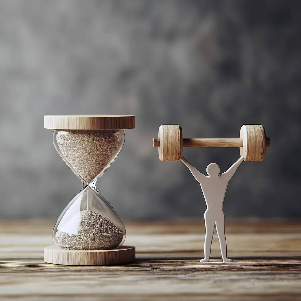 Hourglass and a figure lifting wooden weights on a wooden surface. The background is blurred with gray tones, creating a contemplative mood.
