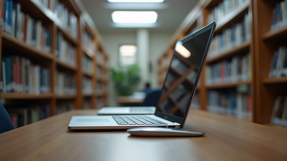 Eye-level view of a library information science workspace with books and a laptop