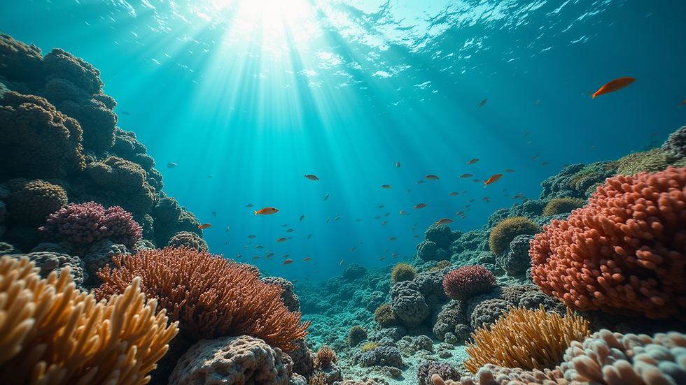 Wide angle view of a tranquil underwater scene with colorful coral reefs