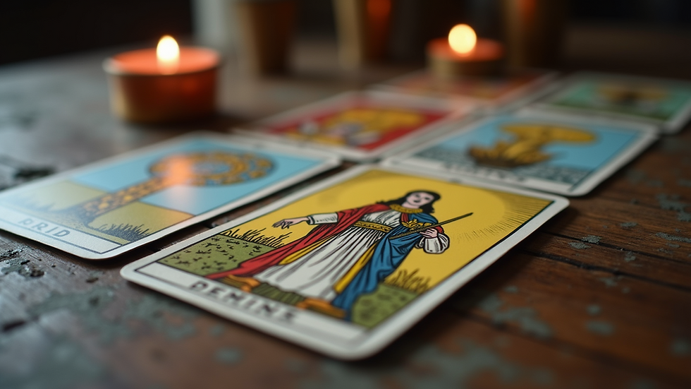 Close-up view of tarot cards spread on a table
