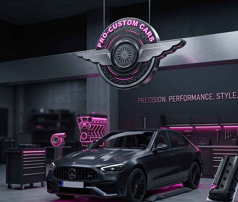 Pro-Custom Cars garage with Mercedes and custom car upgrades