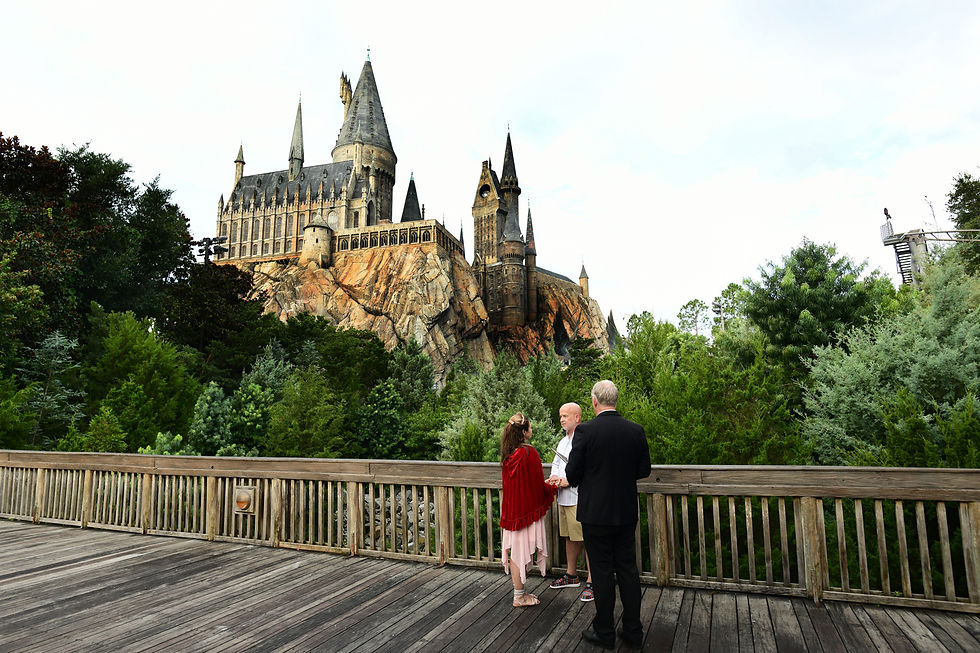 Three people stand on a wooden deck, with a fairytale castle in the background surrounded by lush greenery. One wears a red cape.