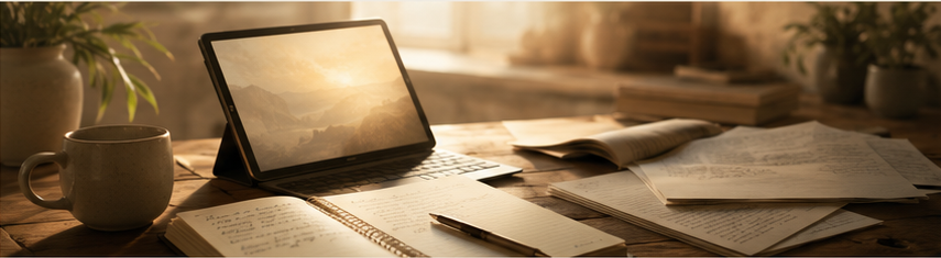 Laptop, open book, and handwritten notes on a desk in warm morning light