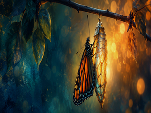 Monarch butterfly emerging from a chrysalis, suggesting transformation and new sight.