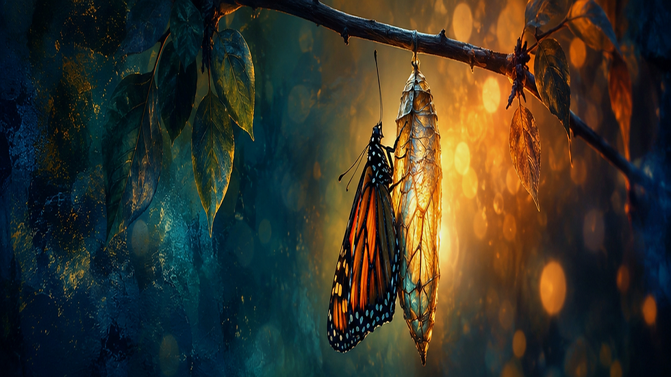 Monarch butterfly and chrysalis in warm light, evoking transformation and emergence.