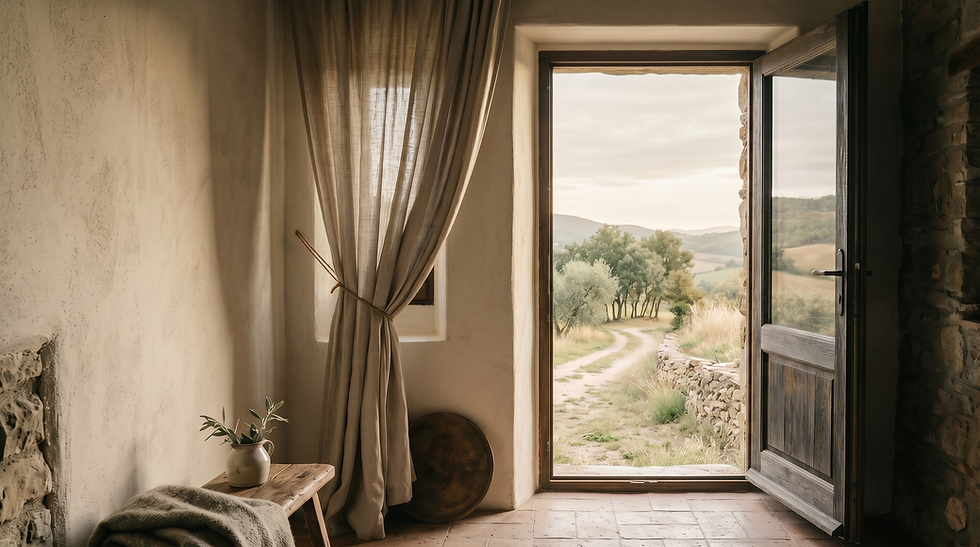 Open doorway looking onto a quiet path, suggesting threshold, reflection, and invitation.