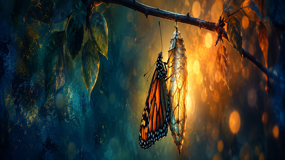 Monarch butterfly beside a golden chrysalis, symbolizing transformation, discernment, and new life.