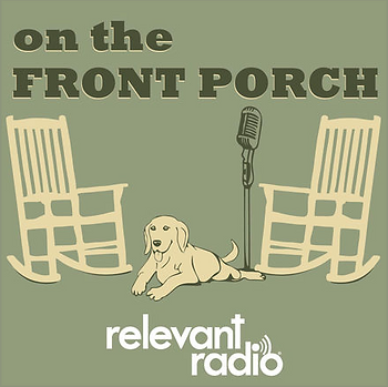 "On The Front Porch" radio show logo, with two rocking chairs and a dog with a microphone
