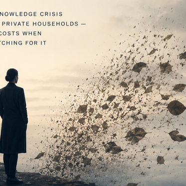 A figure stands with their back to the camera as leaves dissolve and scatter into the wind, illustrating the silent loss of institutional knowledge when a trusted estate manager leaves a private household.
