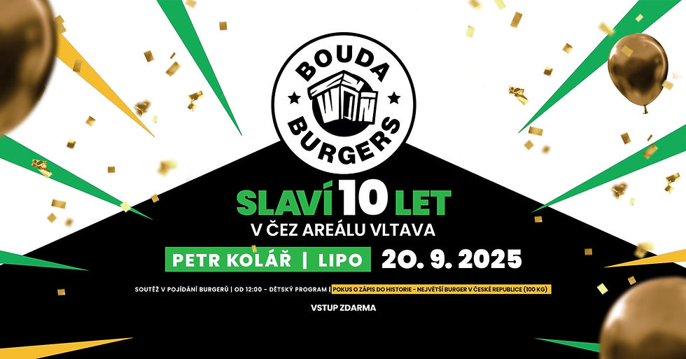 Bouda Burgers slaví 10 let v Budějcích: největší burger🍔v Česku, živá hudba a zábava u řeky!