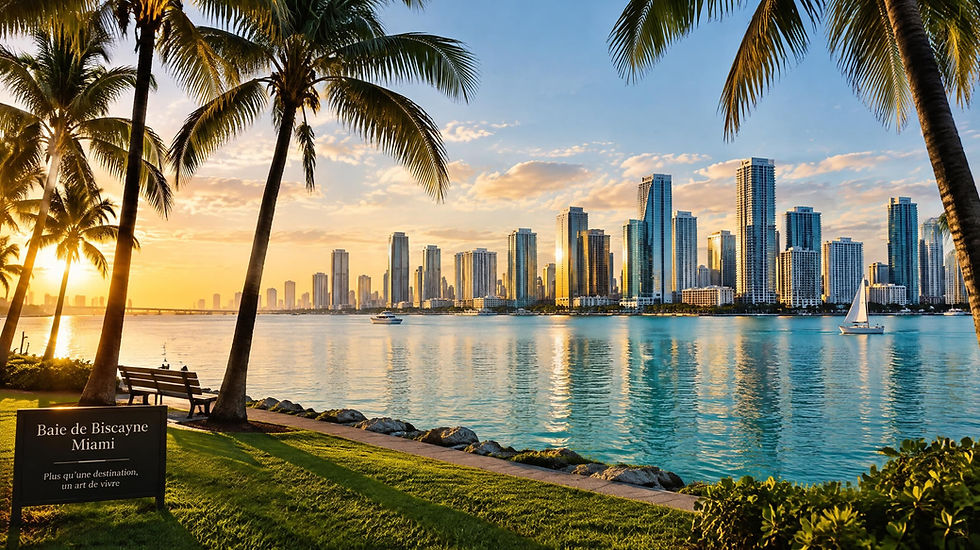 Panorama de la baie de Biscayne à Miami en septembre, eaux turquoise calmes reflétant la lumière dorée du crépuscule et silhouette des gratte-ciels.