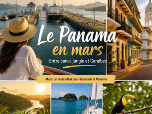 Montage photo du Panama en mars : canal de Panama, Casco Antiguo, forêt tropicale et navigation dans les îles.