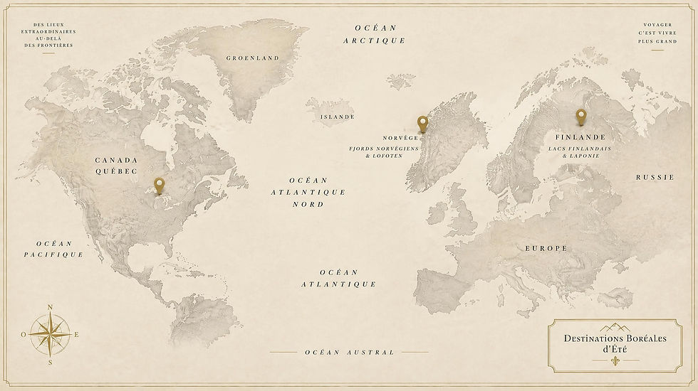 Carte géographique repère des destinations boréales d'été Canada Norvège Finlande Léanïs Voyages