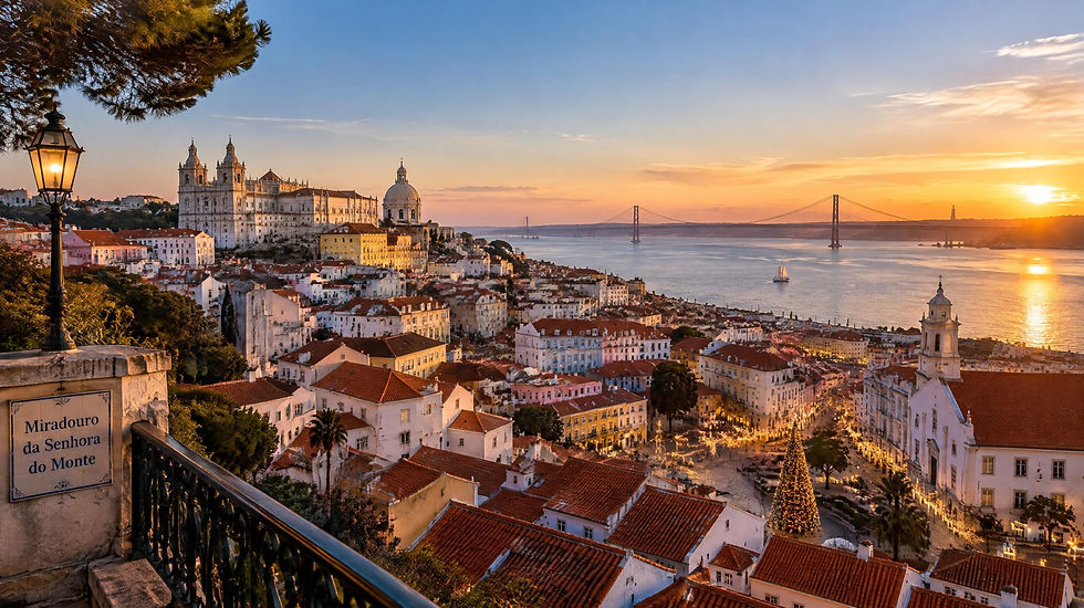 Panorama sur les toits de Lisbonne et le fleuve Tage baignés par la lumière dorée d'un coucher de soleil d'hiver en décembre.
