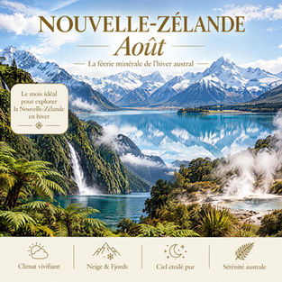 Photomontage photoréaliste de la Nouvelle-Zélande en août mêlant les Alpes du Sud enneigées reflétées dans le lac glaciaire Pukaki, les fougères luxuriantes et les cascades de Milford Sound, titré avec étiquette mémo et pictogrammes dorés.