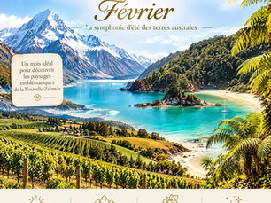 Couverture Nouvelle-Zélande en février : mont Aoraki Cook, fjords de Fiordland et vignobles estivaux en grand format sous la lumière de l'été austral.