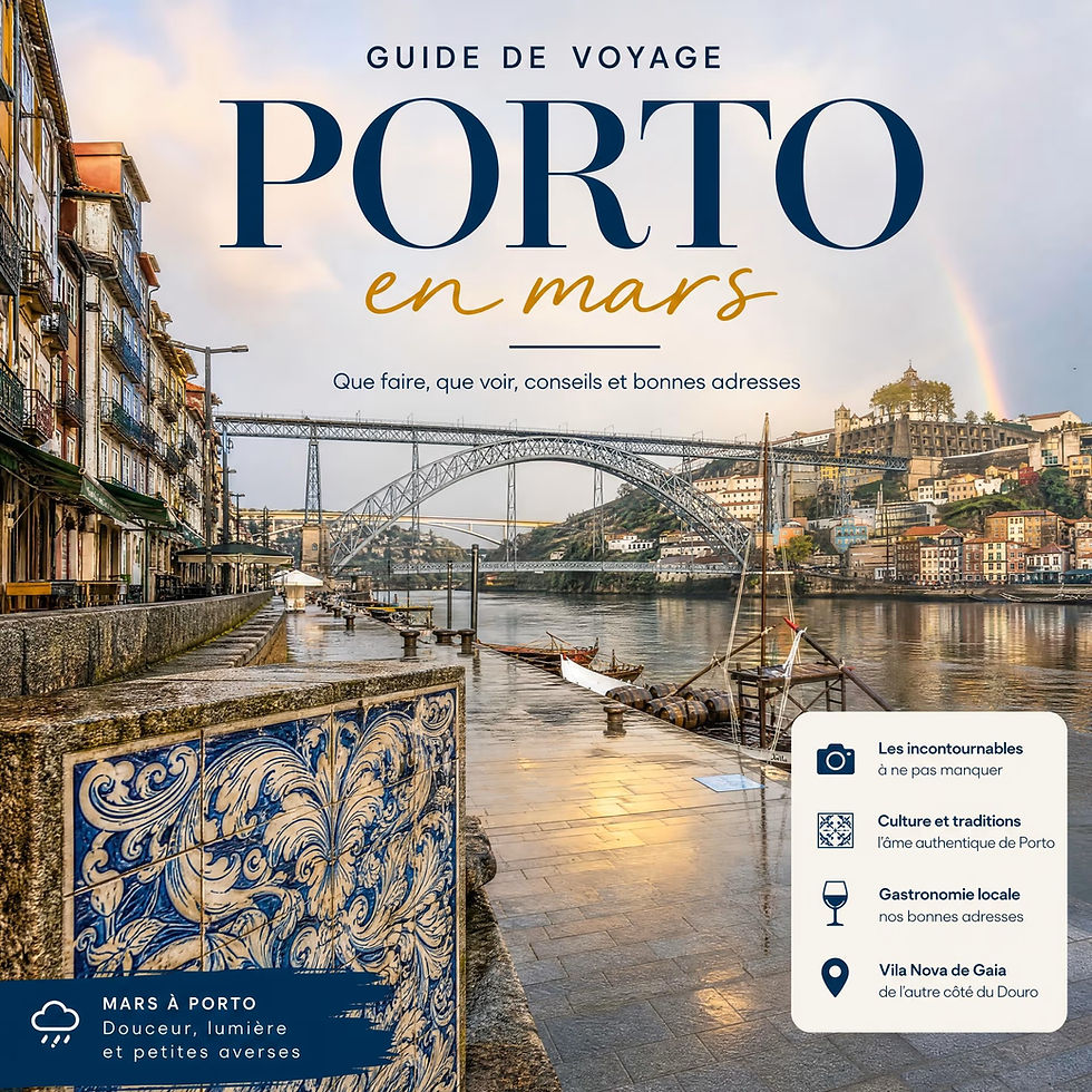 Vue verticale des quais de la Ribeira à Porto après la pluie en mars, avec le pont Dom Luís I en arrière-plan, des azulejos au premier plan et un arc-en-ciel au-dessus du Douro.