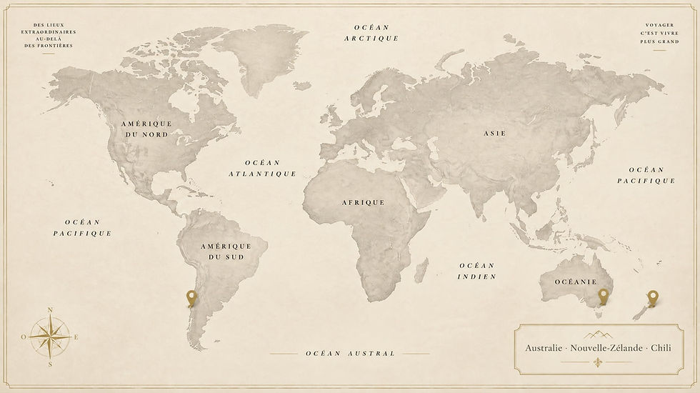Carte géographique du monde minimaliste ivoire et or situant l'Australie, la Nouvelle-Zélande et le Chili pour un voyage sur-mesure.