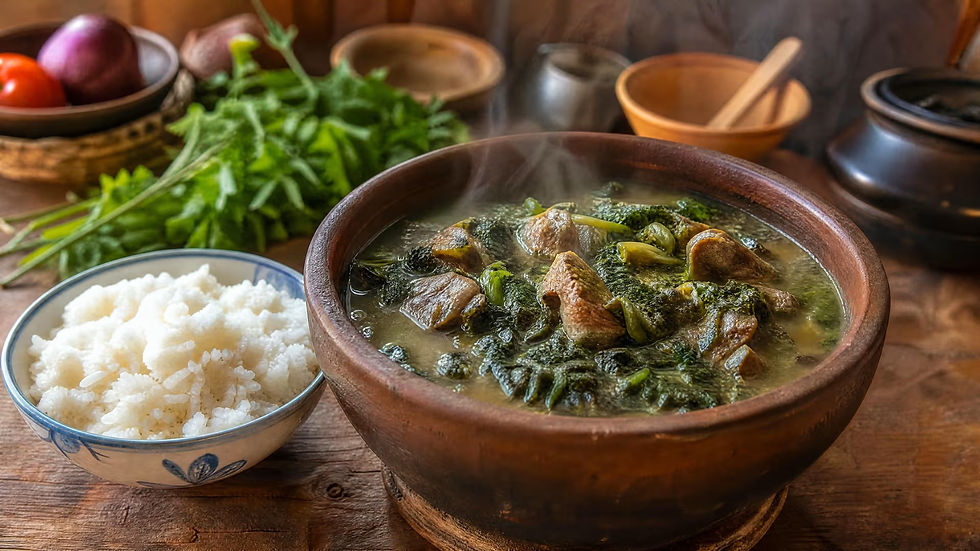Un bol en terre cuite rempli de romazava fumant, plat traditionnel malgache à base de viande et de brèdes, accompagné d'un bol de riz blanc.